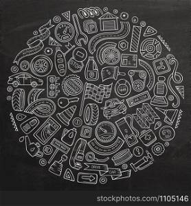 Chalkboard vector hand drawn set of Automobile cartoon doodle objects, symbols and items. Round composition. Vector set of Automobile cartoon objects