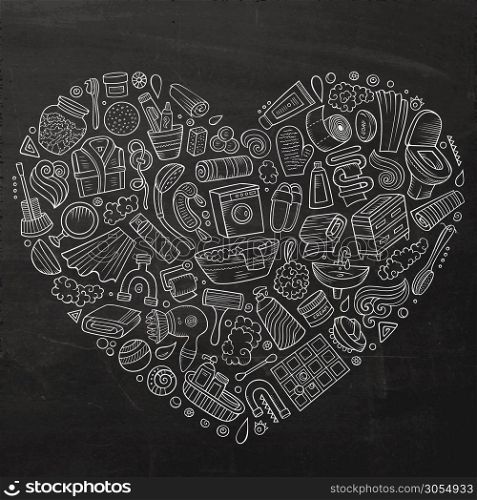 Chalkboard vector hand drawn set of Bathroom cartoon doodle objects, symbols and items. Heart composition. Vector hand drawn set of Bathroom cartoon doodle objects