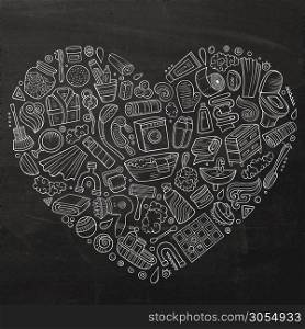 Chalkboard vector hand drawn set of Bathroom cartoon doodle objects, symbols and items. Heart composition. Vector hand drawn set of Bathroom cartoon doodle objects