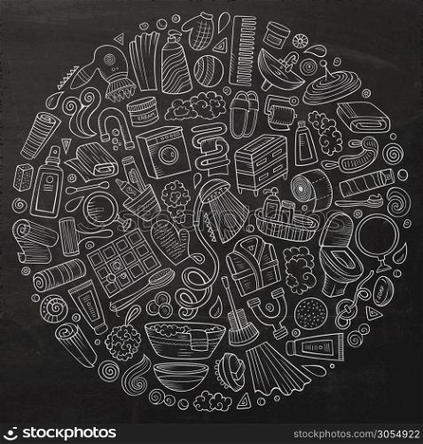 Chalkboard vector hand drawn set of Bathroom cartoon doodle objects, symbols and items. Round composition. Vector hand drawn set of Bathroom cartoon doodle objects