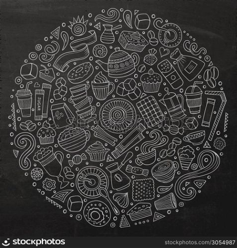 Chalkboard vector hand drawn set of Cafe cartoon doodle objects, symbols and items. Round composition. Set of Cafe cartoon doodle objects