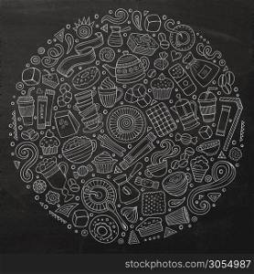 Chalkboard vector hand drawn set of Cafe cartoon doodle objects, symbols and items. Round composition. Set of Cafe cartoon doodle objects