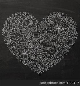Chalkboard vector hand drawn set of Cinema cartoon doodle objects, symbols and items. Heart form composition. Set of Cinema cartoon doodle objects