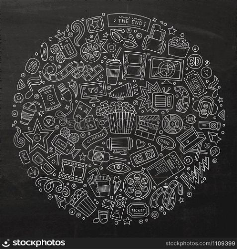 Chalkboard vector hand drawn set of Cinema cartoon doodle objects, symbols and items. Round composition. Set of Cinema cartoon doodle objects