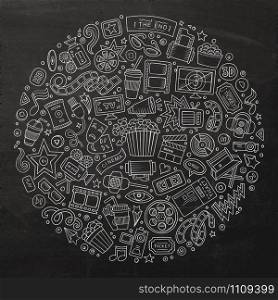 Chalkboard vector hand drawn set of Cinema cartoon doodle objects, symbols and items. Round composition. Set of Cinema cartoon doodle objects