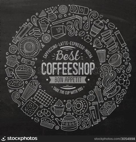 Chalkboard vector hand drawn set of Coffee cartoon doodle objects, symbols and items. Round frame composition. Set of Coffee cartoon doodle objects, symbols and items