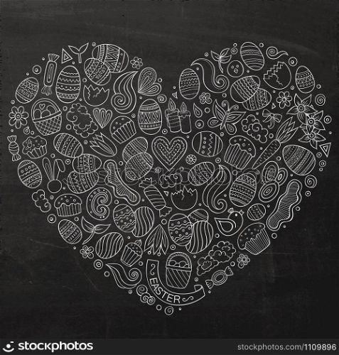 Chalkboard vector hand drawn set of Easter cartoon doodle objects, symbols and items. Heart form composition. Vector set of Easter cartoon doodle objects
