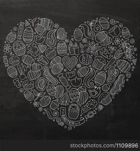 Chalkboard vector hand drawn set of Easter cartoon doodle objects, symbols and items. Heart form composition. Vector set of Easter cartoon doodle objects