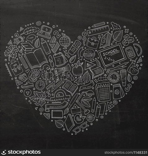 Chalkboard vector hand drawn set of Education cartoon doodle objects, symbols and items. Heart form composition. Cartoon Back to school objects set