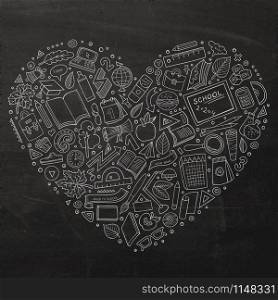 Chalkboard vector hand drawn set of Education cartoon doodle objects, symbols and items. Heart form composition. Cartoon Back to school objects set