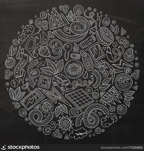 Chalkboard vector hand drawn set of Electric cars cartoon doodle objects, symbols and items. Round composition. Vector set of Electric cars cartoon doodle objects