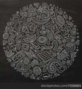 Chalkboard vector hand drawn set of Electric cars cartoon doodle objects, symbols and items. Round composition. Vector set of Electric cars cartoon doodle objects