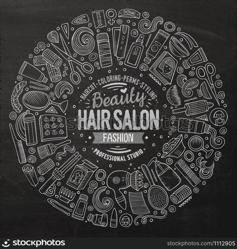 Chalkboard vector hand drawn set of Hair salon cartoon doodle objects, symbols and items. Round frame composition. Vector set of Hair salon cartoon doodle objects