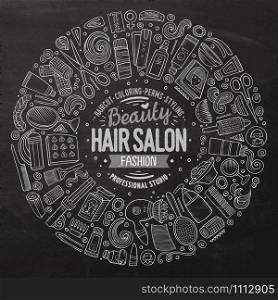 Chalkboard vector hand drawn set of Hair salon cartoon doodle objects, symbols and items. Round frame composition. Vector set of Hair salon cartoon doodle objects