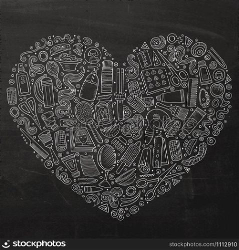 Chalkboard vector hand drawn set of Hair salon cartoon doodle objects, symbols and items. Heart form composition. Vector set of Hair salon cartoon doodle objects