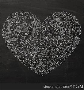 Chalkboard vector hand drawn set of Hippie cartoon doodle objects, symbols and items. Heart form composition. Set of Hippie cartoon doodle objects
