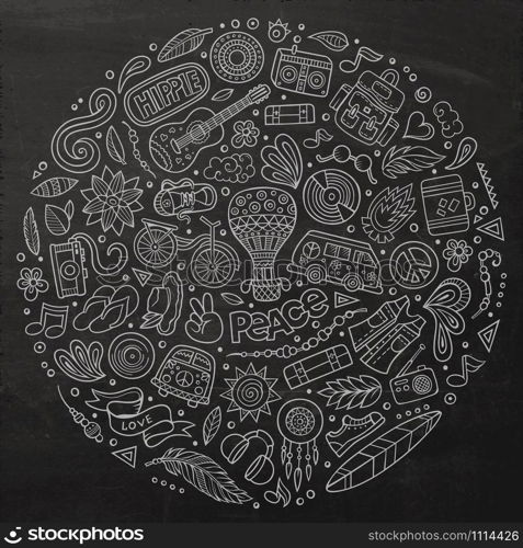 Chalkboard vector hand drawn set of Hippie cartoon doodle objects, symbols and items. Round composition. Set of Hippie cartoon doodle objects