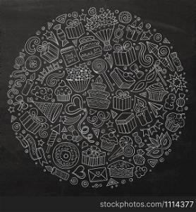 Chalkboard vector hand drawn set of Holidays cartoon doodle objects, symbols and items. Round composition. CoSet of Holidays cartoon doodle objects