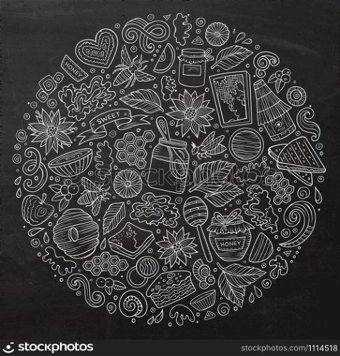Chalkboard vector hand drawn set of Honey cartoon doodle objects, symbols and items. Round composition. Vector set of Honey cartoon doodle objects