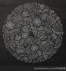 Chalkboard vector hand drawn set of Honey cartoon doodle objects, symbols and items. Round composition. Vector set of Honey cartoon doodle objects