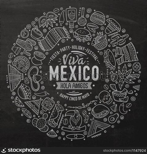 Chalkboard vector hand drawn set of Latin American cartoon doodle objects, symbols and items. Round frame composition. Set of Latin American cartoon doodle objects, symbols and items