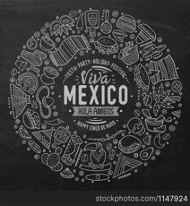 Chalkboard vector hand drawn set of Latin American cartoon doodle objects, symbols and items. Round frame composition. Set of Latin American cartoon doodle objects, symbols and items