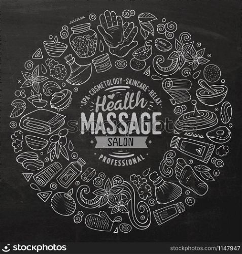 Chalkboard vector hand drawn set of Massage cartoon doodle objects, symbols and items. Round frame composition. Vector set of Massage cartoon doodle objects