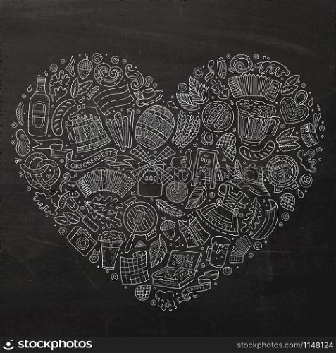 Chalkboard vector hand drawn set of Oktoberfest cartoon doodle objects, symbols and items. Heart form composition. Vector set of Oktoberfest cartoon doodle objects, symbols and items.