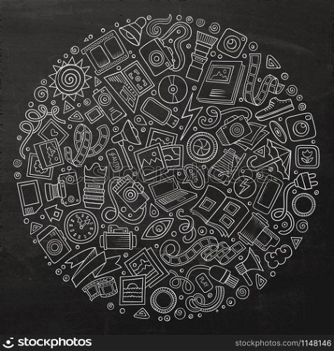 Chalkboard vector hand drawn set of Photo studio cartoon doodle objects, symbols and items. Round composition. Set of Photo studio cartoon doodle objects