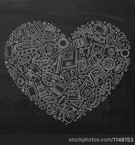 Chalkboard vector hand drawn set of Photo studio cartoon doodle objects, symbols and items. Heart form composition. Set of Photo studio cartoon doodle objects