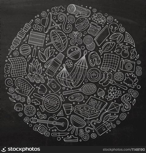 Chalkboard vector hand drawn set of Picnic cartoon doodle objects, symbols and items. Round composition. Set of Picnic cartoon doodle objects, symbols and items