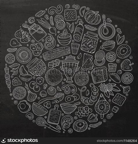 Chalkboard vector hand drawn set of Russian food cartoon doodle objects, symbols and items. Round composition. Vector set of Russian food cartoon doodle objects