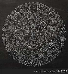 Chalkboard vector hand drawn set of Russian food cartoon doodle objects, symbols and items. Round composition. Vector set of Russian food cartoon doodle objects