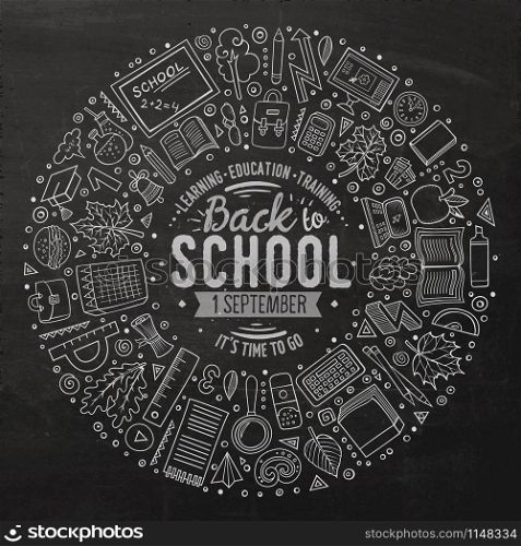 Chalkboard vector hand drawn set of School cartoon doodle objects, symbols and items. Round frame composition. Set of School cartoon doodle objects, symbols and items