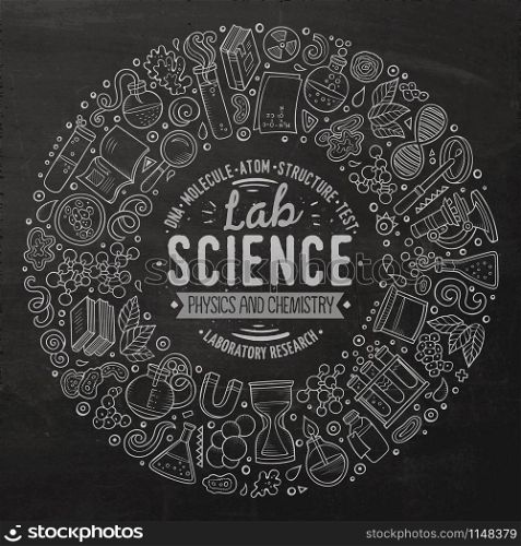 Chalkboard vector hand drawn set of Science cartoon doodle objects, symbols and items. Round frame composition. Set of Science cartoon doodle objects, symbols and items