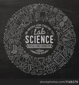 Chalkboard vector hand drawn set of Science cartoon doodle objects, symbols and items. Round frame composition. Set of Science cartoon doodle objects, symbols and items