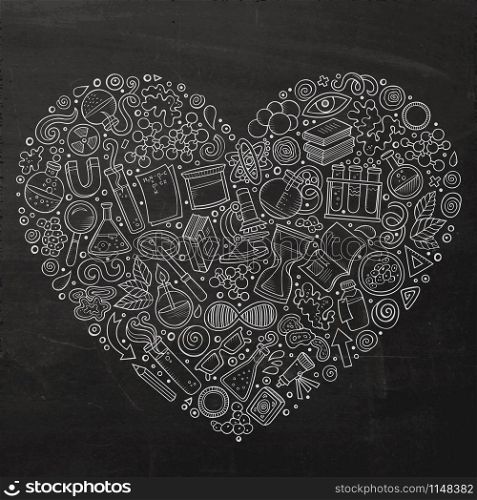 Chalkboard vector hand drawn set of Science cartoon doodle objects, symbols and items. Heart form composition. Set of Science cartoon doodle objects
