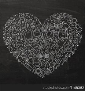 Chalkboard vector hand drawn set of Science cartoon doodle objects, symbols and items. Heart form composition. Set of Science cartoon doodle objects