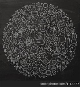 Chalkboard vector hand drawn set of Science cartoon doodle objects, symbols and items. Round composition. Set of Science cartoon doodle objects