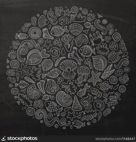 Chalkboard vector hand drawn set of Sealife cartoon doodle objects, symbols and items. Round composition. Set of Sealife cartoon doodle objects, symbols and items