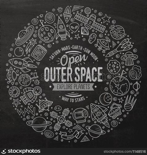 Chalkboard vector hand drawn set of space cartoon doodle objects, symbols and items. Round frame composition. Set of space cartoon doodle objects, symbols and items