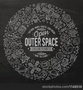 Chalkboard vector hand drawn set of space cartoon doodle objects, symbols and items. Round frame composition. Set of space cartoon doodle objects, symbols and items