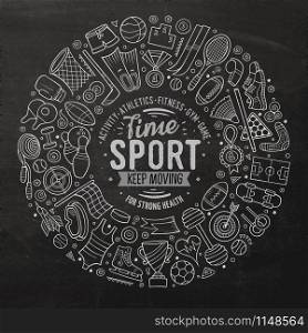 Chalkboard vector hand drawn set of Sport cartoon doodle objects, symbols and items. Round frame composition. Vector hand drawn set of Sport cartoon doodle objects