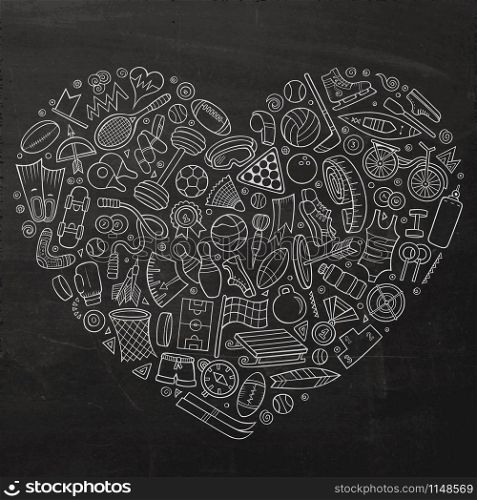 Chalkboard vector hand drawn set of Sport cartoon doodle objects, symbols and items. Heart form composition. Vector hand drawn set of Sport cartoon doodle objects