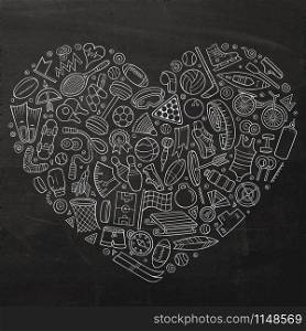 Chalkboard vector hand drawn set of Sport cartoon doodle objects, symbols and items. Heart form composition. Vector hand drawn set of Sport cartoon doodle objects