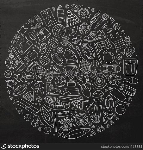Chalkboard vector hand drawn set of Sport cartoon doodle objects, symbols and items. Round composition. Vector set of Sport cartoon doodle objects