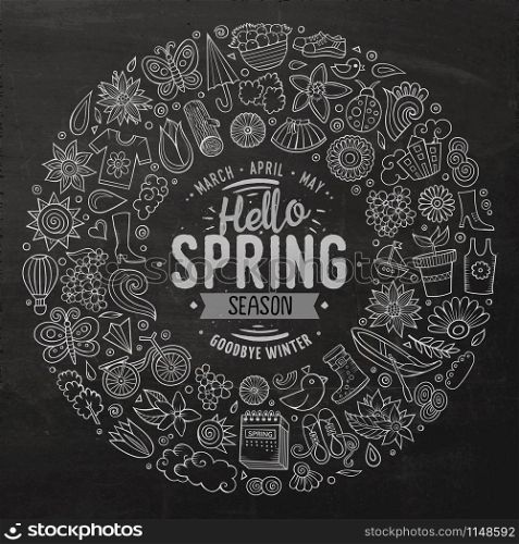 Chalkboard vector hand drawn set of Spring cartoon doodle objects, symbols and items. Round frame composition. Vector hand drawn set of Spring cartoon doodle objects