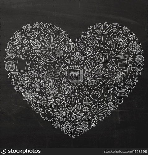 Chalkboard vector hand drawn set of Spring cartoon doodle objects, symbols and items. Heart form composition. Vector set of Spring cartoon doodle objects