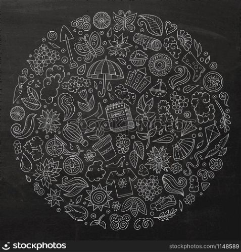 Chalkboard vector hand drawn set of Spring cartoon doodle objects, symbols and items. Round composition. Vector set of Spring cartoon doodle objects