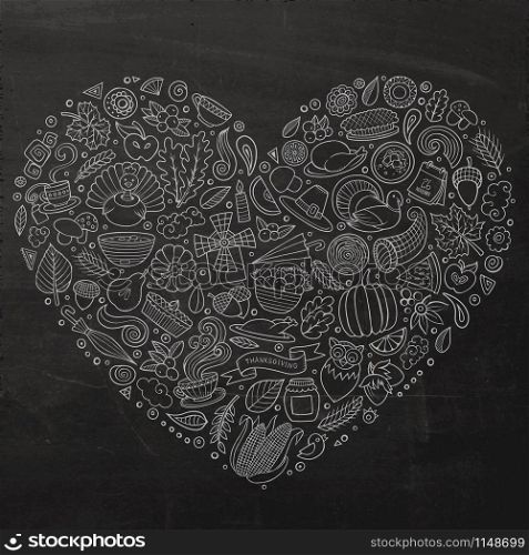 Chalkboard vector hand drawn set of Thanksgiving cartoon doodle objects, symbols and items. Heart form composition. Set of Thanksgiving cartoon doodle objects, symbols